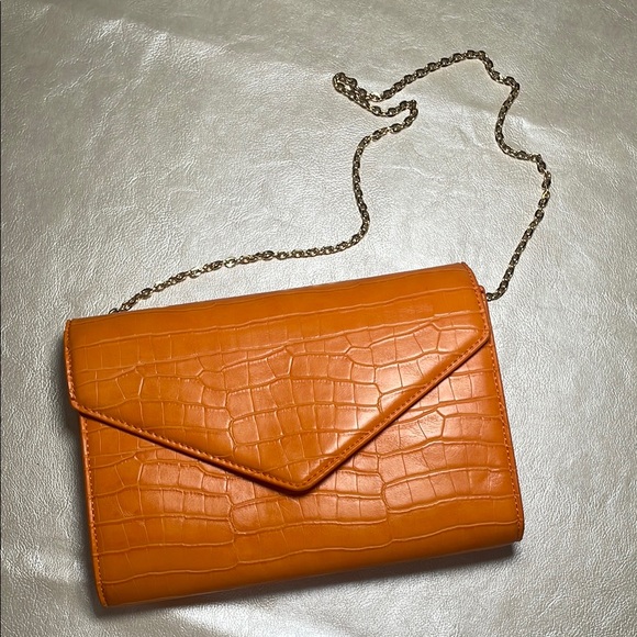 Zara Handbags - Zara Orange Croc-Embossed Crossbody Clutch with Chain